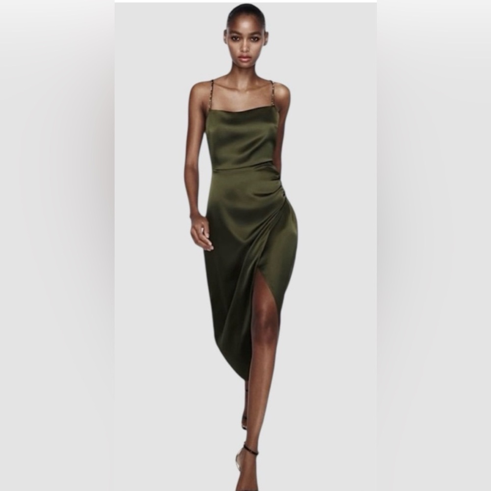 Zara Olive Satin High-Low Slip Dress